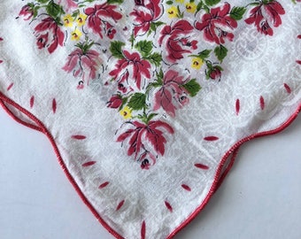 Handkerchief, Vintage Red Floral Womens Hankie, Pink Flowers, Midcentury, Gift for Her, Something Old for Bride