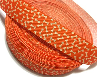 1" Orange Dog Bones Lanyard Ribbon, Lanyard Grosgrain Ribbon, Bones Grosgrain Ribbon