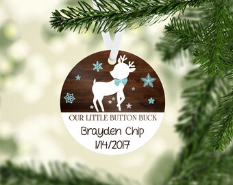 Personalized 1st Christmas Ornament - Button Buck