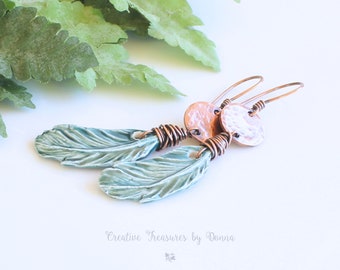 Copper Earrings, Porcelain Feather Earrings, Green Earrings, Wire Wrapped Earrings, Rustic Earrings, Southwest Earrings, Gift For Her