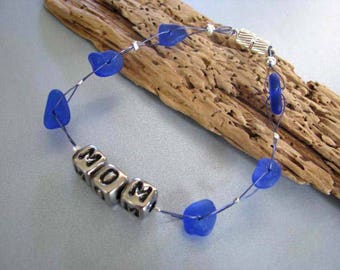 Mom Sea Glass Bracelet , Personalized Mom Bracelet - Beach Glass Bracelet , Cobalt Blue - Ocean Bracelet Gift of the Sea - Pure Sea Glass