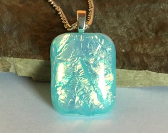 Aqua Fused Glass Pendant with Rainbow Ripples
