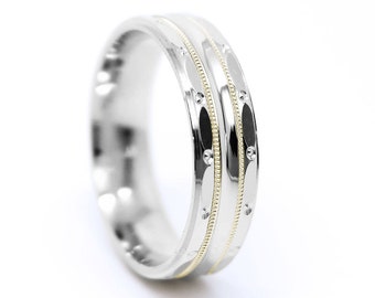 6mm 10k 14k or 18k White and Rose Gold or Silver Wedding Band, One tone Two tone gold Ring, Filigree ring with Milgrain, 925 Silver, 0003