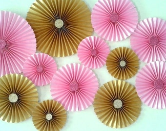 Set of 12 - PINK and GOLD Paper Rosettes / fans, Table Backdrop, Candy Buffet decor, Pink and Gold Birthday, baby shower.