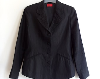 Vintage KENZO Paris Blazer - Black Kenzo Jacket - 1990s 90s Blazer Black Linen - Embroidery Floral Flowers - French Designer Size 38 M