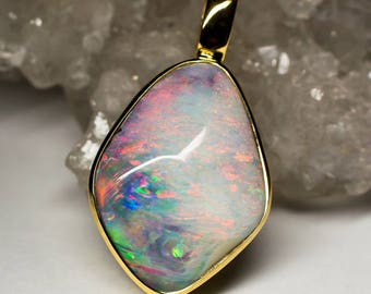 Boulder Opal Gold Pendant code 10424 by Gabilo | Natural Organic Australian Opal Gemstone 18K Gold Necklace Fine Jewelry