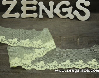 Yellow mesh lace trim embroidered with bow ties, 2 inches wide lace edging, doll lace, priced by the yard/EE-46