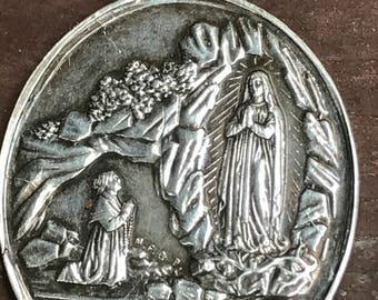 Our Lady of Lourdes Vintage Silver Religious Medal Pendant by A. LAVEE on 18" sterling silver rolo chain