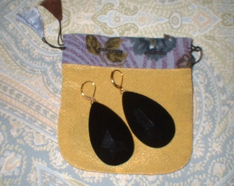 Vintage LARGE Black Glass Faceted Dangle Earrings MINT 2.25 " long