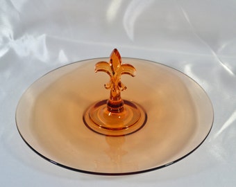 Vintage Burnt Sienna Canape Platter with Fleur De Lis Handle