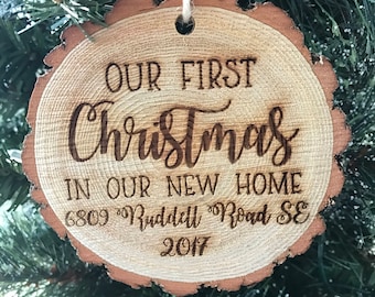 Our First Christmas In Our New Home Personalized Rustic Wood Christmas Ornament Housewarming Party Engraved Family Gift