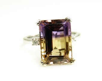 8.73 Carat Ametrine And Diamond Ring In 14k White Gold, Bicolored Quartz, Anniversary/Engagement Ring, Birthday Gift, Cocktail Ring (145081)