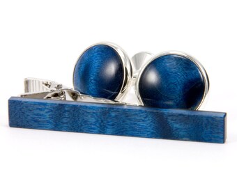 Wooden Cufflink Tie Clip Set | Blue Maple Silver Cufflink Tie Bar Set | Gift For Men | Gift For Dad | 5th Anniversary Gift For Him