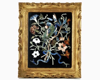 Vintage Italian Florentine Pietra Dura Plaque with Parrot and Floral Motif in Carved Gilt Frame