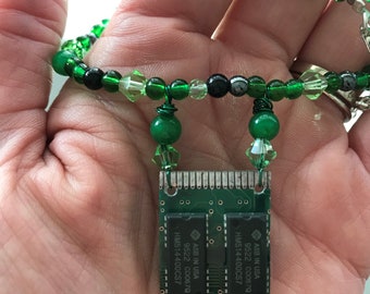 Recycled Circuit Board Necklace - Green - Beaded with Swarovski Crystals