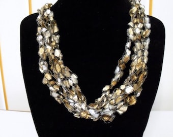 Brown and White Crochet Ribbon Necklace Adjustable in Three Sizes Previously Eighteen Dollars CLOSEOUT SALE