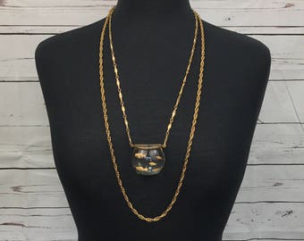 32" 1960's Lucite Goldfish Fishbowl Pendant Chain Necklace Gold Fish Aquarium by Harrice Simmons HMS Castlecliff Vintage
