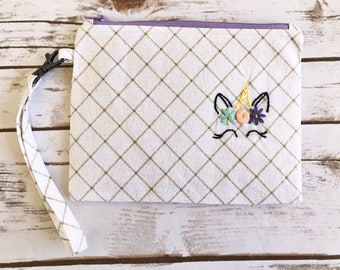 Unicorn Zipper Pouch / Embroidered / Makeup Bag
