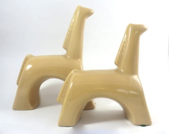 Vintage Giraffes, Set of Two, Modern Ceramic Figurines, Tan Glaze, Abstract Modernistic Giraffe