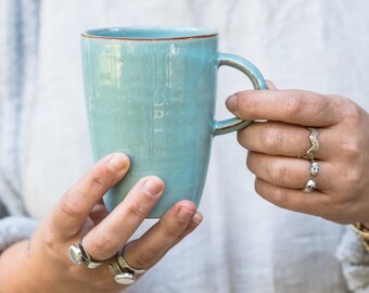 Turquoise Pottery Mug, Ceramic Mug, Tall Coffee mug, Ceramic Coffee Mug, Latte Mug, Large Tea Mug, Large Tea Cup, Handmade Coffee Mug