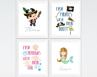 Pirate and mermaid personalized kids bathroom printable art set, custom kids bathroom wall art, kids bathroom decor download
