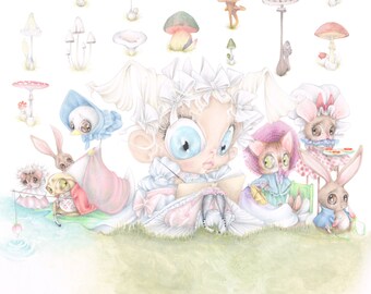 Beatrix Potter pop surrealism cat rabbit movie art print