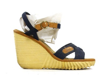 80s Platform Sandals Vintage 1980s Gum Sole Wedges Strappy Navy Blue Vegan Platforms High Heel Hippie Boho Summer Sandals Women's Size 8