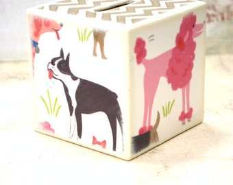 Dog Park Piggy bank, Doggy Wood Kids Money Banks Coin Bank, Puppy coin bank, Money Box. Wood piggy bank, animals, doggies, Boxers, poodles
