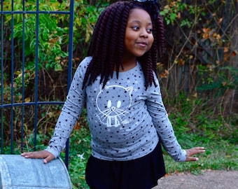 7-13yrs Girls Zombie Kitty Cat Loverocky long sleeve Grey Black Stars top t-shirt cosy and stars hygge rocky the zombie t-shirt
