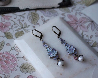 Delicate lacy pink & pearl dangle earrings