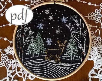 embroidery pattern - Christmas Landscape - Christmas pdf pattern - embroidery kit - embroidery hoop art - Deer Embroidery design -
