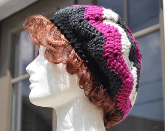 Pink and Grey Ripple Crochet Hat - Lightweight Beret - Chevron Hat - Women's Hat - Crochet Beret