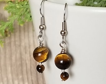 Double Tigereye Earrings - Gemstone Earrings - Hanging Earrings