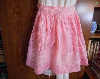 Vintage Handmade pink Gingham Apron with Chicken Scratch Embroidery - New