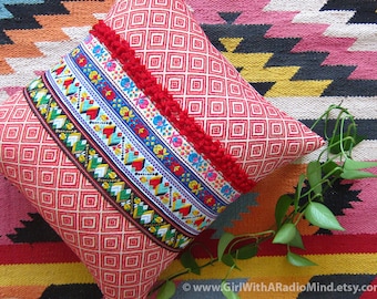 Red Boho Pillow Decorative Cushion Ethnic - Geometric Tribal Boho Throw Pillow Cover