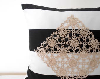 Black and White Striped Pillow, Lace Pillow, Modern Home Decor, Crochet Pillow Cover, Decorative Pillow, Bedroom Pillow, 16 x 16 Pillow
