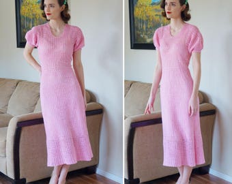 Gorgeous 1930s Pink Crochet Dress Wtih Puffed Sleeves - 30s Cotton Crochet Dress - Scoop Neckline