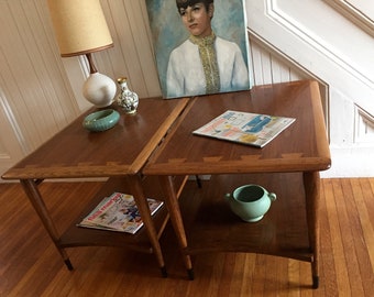 LANE TABLE PAIR Danish Mod Midcentury Acclaim 1959 with Shelf Refinished Beautiful Grained Walnut/Ash Wood Dovetail Detail Vintage Retro