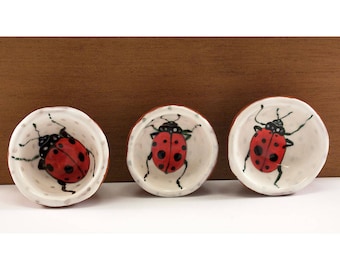 Lady Bugs Painted in Three Mini Bowls - Ceramic Bowl Set - Original Painting by Jenny Mendes in three Hand Pinched Ceramic Finger Bowls