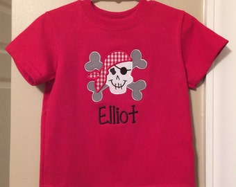 Pirate skull applique shirt includes name monogram