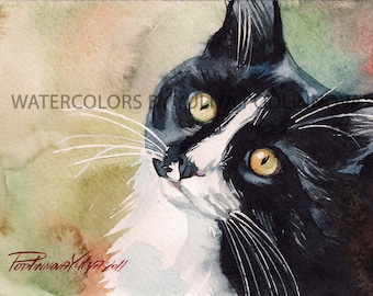 Tuxedo Cat Art Instant Download of Watercolor Painting Black and White Cat Digital Giclee Print of Home Wall Decor Artwork Picture Image