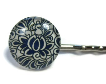 Blue and White Floral Bobby Pin Set of 2