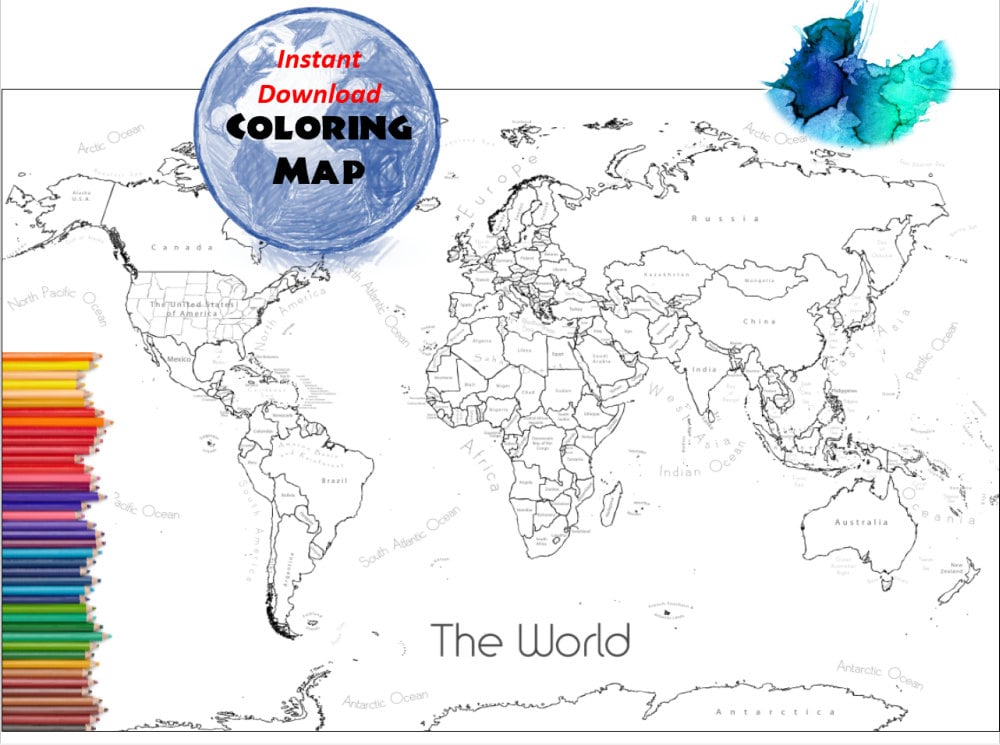 World Map Coloring Page, Labeled World Map A4 and 8.5x11 inch