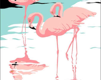 Pink Flamingo art Print, Tropical Bird Art Wall Art Retro Florida everglades, 1980 pop art, Beach Decor, Flamingo Poster, Flamingo Art Decor