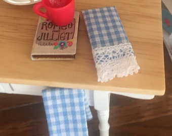 Miniature Kitchen Dish Towels, Blue and White Gingham, Lace Trimmed, Set of 2, Dollhouse Miniatures, 1:12 Scale, Dollhouse Accessories