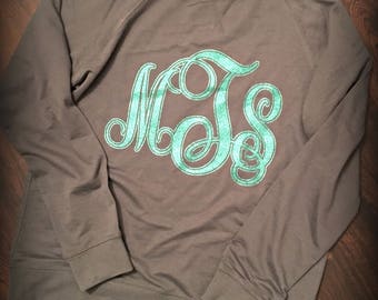 Glitter monogram french terry raglan long sleeve crew