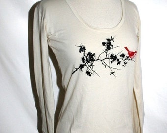 Natural Organic Sakura and Red Bird Top