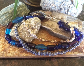 Multi strand chunky blue glass necklace