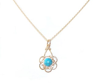 Minimalist Gold Chain Necklace - Turquoise, Gold Filled - Turquoise, Gold - The Basics: Minimalist Filigree Flower
