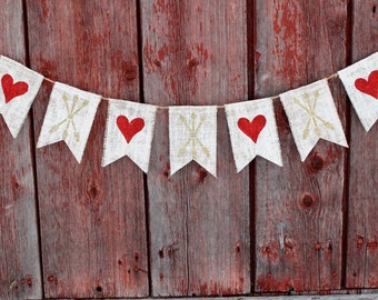 Valentines Day Decor, Gold Valentines Day Heart and Arrow Banner, Heart Bunting Garland, Arrow Banner, Happy Valentines Day, Burlap Banner